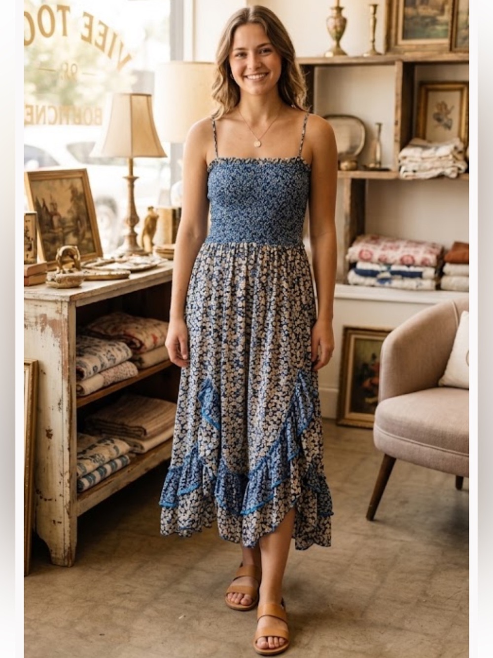 Smocked Floral Midi Dress - Blue Floral